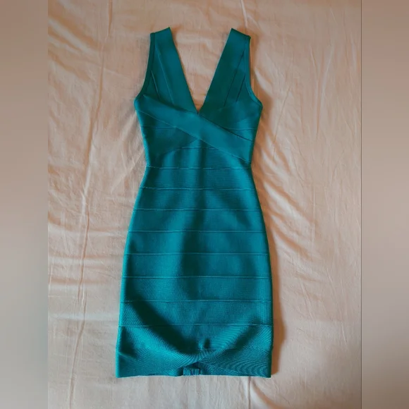 NWOT Bright Teal HERVE LEGER V- Neck Mini Bandage Dress XS $790 - Picture 5 of 14